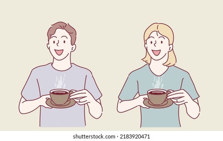 Drinks and leisure concept. Happy young woman and man with cup of tea or coffee at home. Hand drawn in thin line style, vector illustrations. 