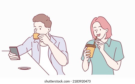 Drinks and leisure concept. Happy young woman and man with cup of tea or coffee at home. Hand drawn in thin line style, vector illustrations. 