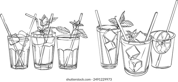 Drinks of lemonade, mojito, or cocktail with water in glasses. Continuous line drawings. Frame border.