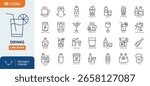 Drinks line editable icon set. Containing Beverage, Whiskey, Alcoholic drink, Juice, Champagne, Lemonade, Tap Water, Milk Shake, Soft Drink, and more. Editable stroke. Vector illustration
