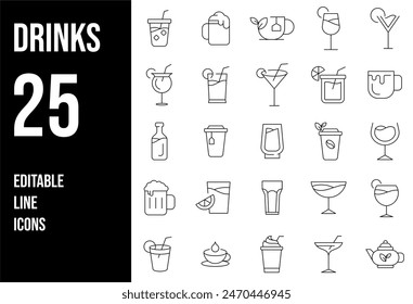 Iconos editables de la línea de bebidas. Ilustración vectorial en estilo moderno de línea delgada de bebidas iconos relacionados: cerveza, vino, cóctel, y más. Pictogramas e infografías para App móviles.	