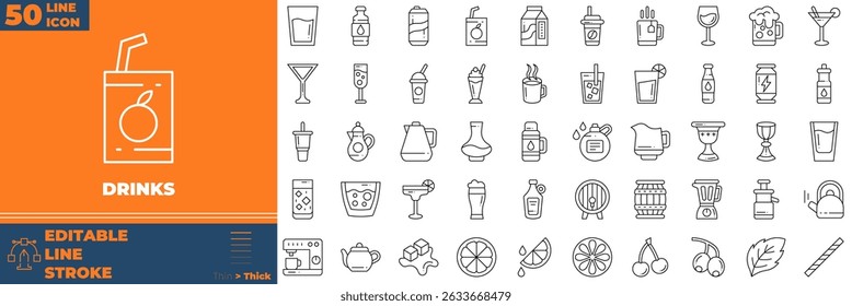 Drinks Line Editable Icons set. Vector illustration in modern thin line style of drinks icons: cup, water, glass, etc