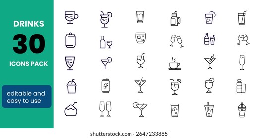 Drinks Line Editable Icons set. Vector illustration in modern thin line style of beverages related icons: beer, wine, cocktail, and more. Pictograms and infographics for mobile apps.