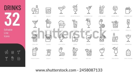 Drinks Line Editable Icons set. Vector illustration in modern thin line style of beverages related icons: beer, wine, cocktail, and more. Pictograms and infographics for mobile apps. 