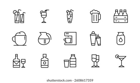 Drinks line icon set. Alcohol, cocktails, champagne, energy, coffee, tea, whiskey, wine, glasses, beer, bar outline icon collection. UI thin outline icon pack
