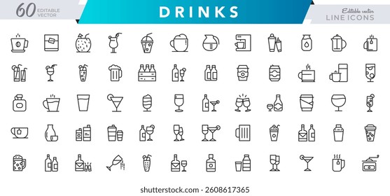 Drinks line icon set. Alcohol, cocktails, champagne, energy, coffee, tea, whiskey, wine, glasses, beer, bar outline icon collection. UI thin outline icon pack