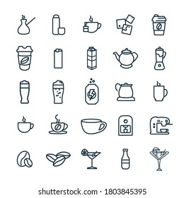 drinks line icon set, with beer, coffee, milk box, soda, energy drink, cup of coffee, kettle, tea