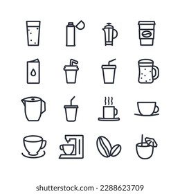 drinks line icon set, with cup of coffee, tea, beer