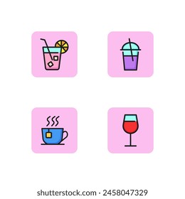 Drinks line icon set. Glass of wine, cup of tea, ice tea, milkshake. Beverage concept. Can be used for topics like restaurant, cafe, bar. Vector illustration for web design and app