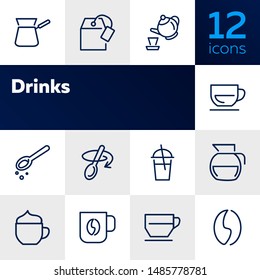 Drinks line icon set. Set of line icons on white background. Meal concept. Teapot, coffee, lemonade. Vector illustration can be used for breakfast, kitchen, cooking