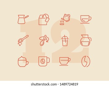 Drinks line icon set. Set of line icons on white background. Meal concept. Teapot, coffee, lemonade. Vector illustration can be used for breakfast, kitchen, cooking