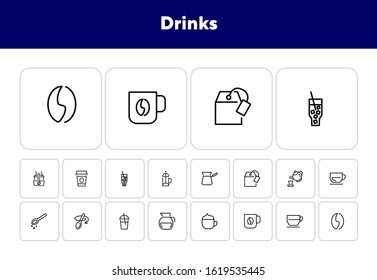 Drinks line icon set. Set of line icons on white background. Meal concept. Teapot, coffee, lemonade. Vector illustration can be used for breakfast, kitchen, cooking