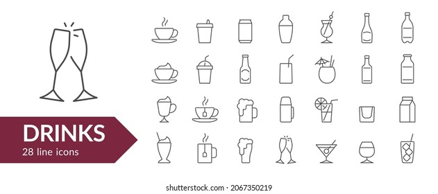 Getränke-Zeile-Symbol gesetzt. Einzige Zeichen auf weißem Hintergrund. Vektorgrafik. Kollektion