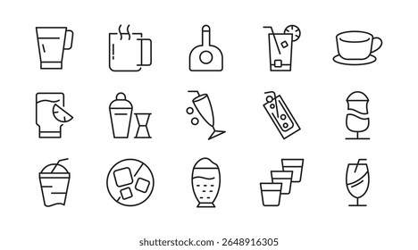 Drinks line icon set. Refreshing, garnishes, water, straws, craft beer, glassware, cocktail, coffee, tea, alcohol, relax, party, beer, bottle line icon set. Ui thin line icon pack.