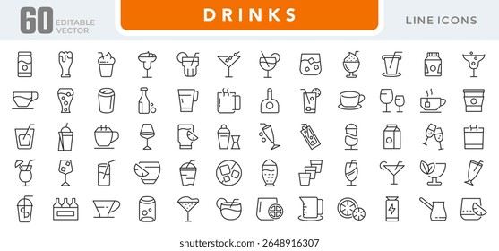 Drinks line icon set. Refreshing, garnishes, water, straws, craft beer, glassware, cocktail, coffee, tea, alcohol, relax, party, beer, bottle line icon set. Ui thin line icon pack.