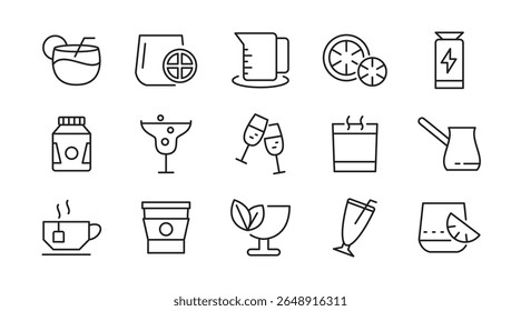 Drinks line icon set. Refreshing, garnishes, water, straws, craft beer, glassware, cocktail, coffee, tea, alcohol, relax, party, beer, bottle line icon set. Ui thin line icon pack.
