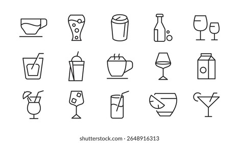 Drinks line icon set. Refreshing, garnishes, water, straws, craft beer, glassware, cocktail, coffee, tea, alcohol, relax, party, beer, bottle line icon set. Ui thin line icon pack.