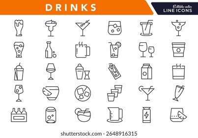 Drinks line icon set. Refreshing, garnishes, water, straws, craft beer, glassware, cocktail, coffee, tea, alcohol, relax, party, beer, bottle line icon set. Ui thin line icon pack.