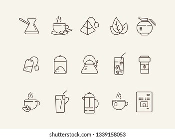 Drinks line icon set. Turkish coffee pot, French press, paper cup. Drink concept. Can be used for topics like coffee shop, cafe menu, restaurant
