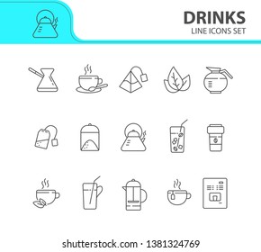 Drinks line icon set. Turkish coffee pot, French press, paper cup. Drink concept. Can be used for topics like coffee shop, cafe menu, restaurant