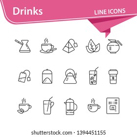 Drinks line icon set. Turkish coffee pot, French press, paper cup. Drink concept. Can be used for topics like coffee shop, cafe menu, restaurant