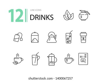 Drinks line icon set. Turkish coffee pot, French press, paper cup. Drink concept. Can be used for topics like coffee shop, cafe menu, restaurant