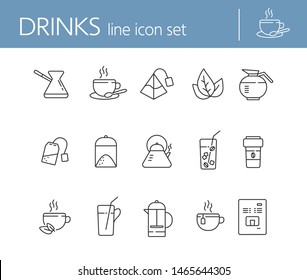 Drinks line icon set. Turkish coffee pot, French press, paper cup. Drink concept. Can be used for topics like coffee shop, cafe menu, restaurant