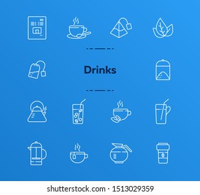 Drinks line icon set. Turkish coffee pot, French press, paper cup. Drink concept. Can be used for topics like coffee shop, cafe menu, restaurant