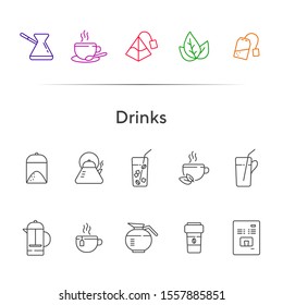 Drinks line icon set. Turkish coffee pot, French press, paper cup. Drink concept. Can be used for topics like coffee shop, cafe menu, restaurant