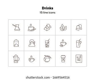 Drinks line icon set. Turkish coffee pot, French press, paper cup. Drink concept. Can be used for topics like coffee shop, cafe menu, restaurant