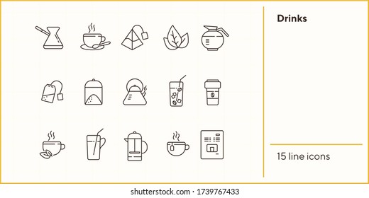 Drinks line icon set. Turkish coffee pot, French press, paper cup. Drink concept. Can be used for topics like coffee shop, cafe menu, restaurant