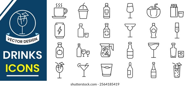 Drinks line icon, symbol and sign. Drinks icon, vector set. Coffee, tea, drinking, glass, soda, cocktail, bottle, mug, wine, beverage and more. Vector illustration.