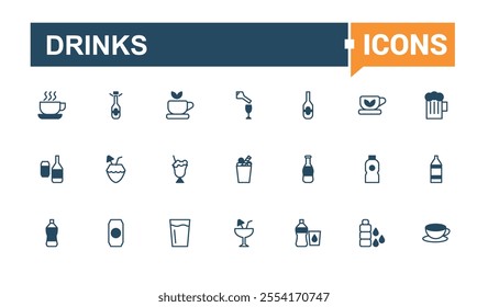 Drinks line icons set. Featuring beer, bottle, alcohol, cocktail, glass, beverage, juice and more. Simple web icons. Editable vector outline and solid icons.