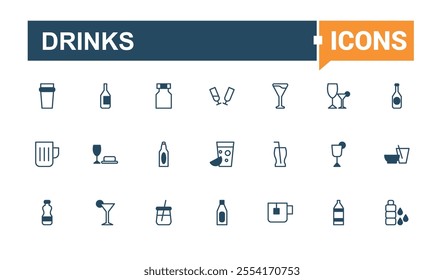 Drinks line icons set. Featuring beer, bottle, alcohol, cocktail, glass, beverage, juice and more. Simple web icons. Editable vector outline and solid icons.