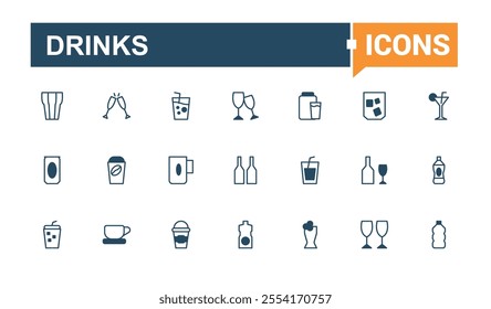 Drinks line icons set. Featuring beer, bottle, alcohol, cocktail, glass, beverage, juice and more. Simple web icons. Editable vector outline and solid icons.