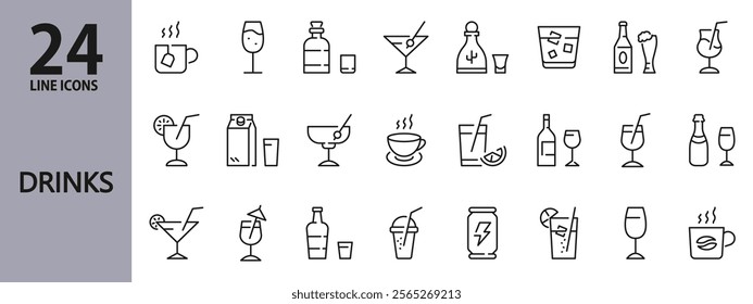 Drinks line icons set with Lemonade, Ice, Coffee, Tea, Water, Beverage, Wine, Juice, Bottle and more. Editable Stroke