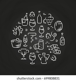 Drinks line icons - wine logo on chalkboard. Glass drawing alcohol, vector illustration