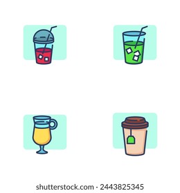 Drinks line icoon set. Glass of hot tea, cold cocktail with straw, coffee. Breakfast drink or cafe concept. Vector illustration symbol element for web design and apps