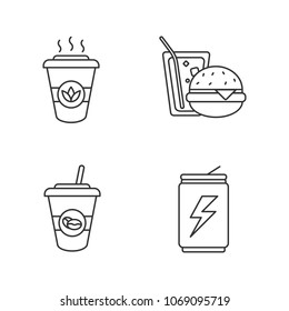 Drinks linear icons set. Takeaway coffee and tea, energy drink, soda with burger. Thin line contour symbols. Isolated vector outline illustrations