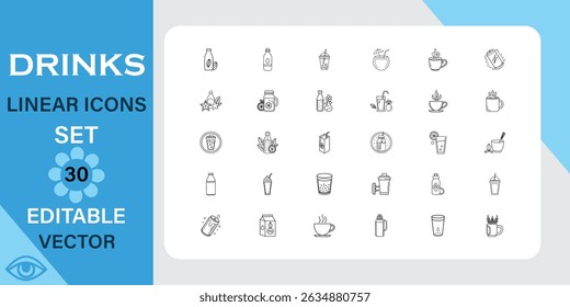Drinks Linear Icons Set Vector Editable Collection Elements