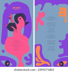 Drinks menu. 60s-70s. Groovy style. Eyes, wave-like abstract shapes, plant motifs. Vector template for design list, banner, booklet, flyer. Hand-drawn decorative elements.