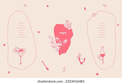 Drinks menu. Abstract forms, stylized images of glasses for wine, coffee, cocktail. Lines and abstract design elements. Vector template for menu, list, banner, booklet, flyer. Creative hand drawing