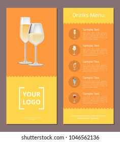 Drinks menu advertisement poster with closeup of champagne glasses, vector illustration of cocktail ingredients, types and price on orange background