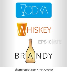 Drinks Menu Card Design template. Set alcohol menu vodka, brandy, whiskey