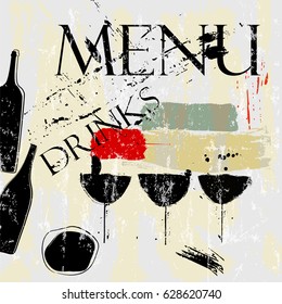 drinks menu card design template, with strokes and splashes, grungy