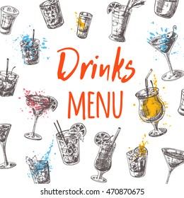 Drinks menu card. Hand drawn vector illustration.Can be used for menu, cafe, restaurant or bar.