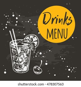 Drinks menu card on the chalkboard. Hand drawn vector illustration.Can be used for menu, cafe, restaurant, bar, poster, banner, emblem, sticker, placard and other design.