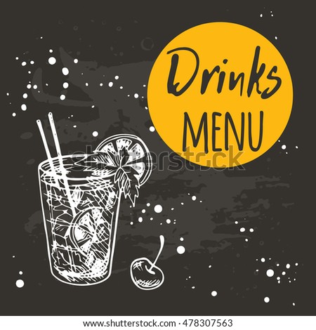 Drinks menu card on the chalkboard. Hand drawn vector illustration.Can be used for menu, cafe, restaurant, bar, poster, banner, emblem, sticker, placard and other design.