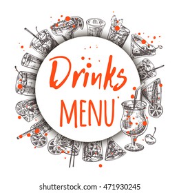 Carta de menú de bebidas. Composición redonda de círculos. Ilustración vectorial dibujada a mano.Puede ser usada para menú, café, restaurante, bar, afiche, banner, emblema, pegatina, pancarta y otro diseño.