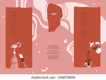 Drinks menu. Champagne, wine, coffee. Alcoholic and hot drinks. For art template design, list, banner, idea, brochure, booklet.